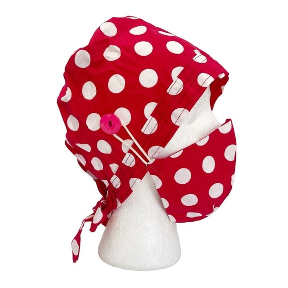 Unisex Surgical Scrub Hat With Matching Mask Red Polka Dots - Picture 1 of 12